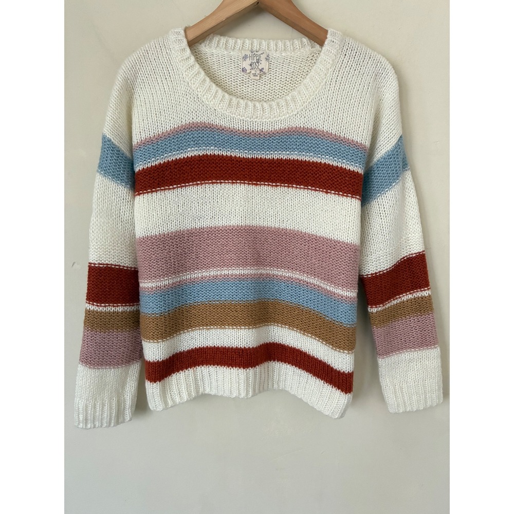 Hippie Rose Womens Fall L Striped Crewneck Sweater Multi Color Chunky Knit Boho